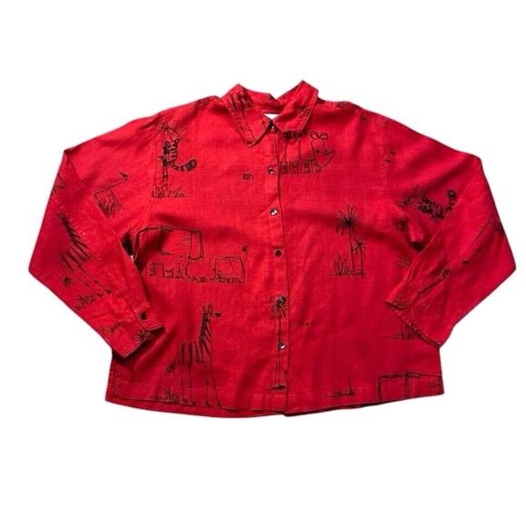 Chico’s red rhino elephant zebra shirt shacket long sleeve size 2 100% linen - Picture 4 of 15